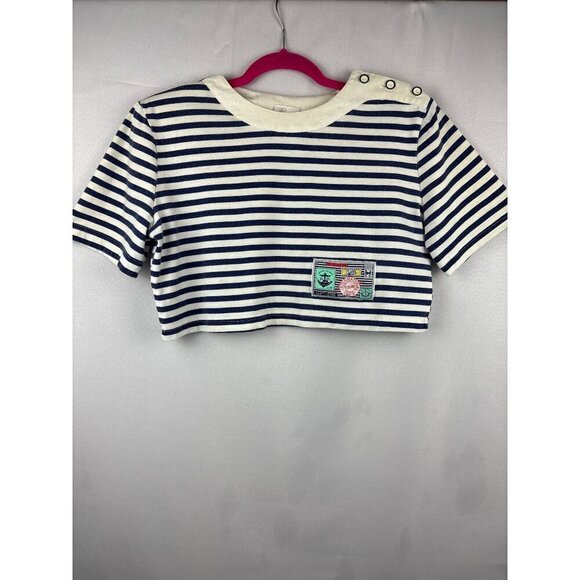 Vintage Byer California Nautical Striped Crop Top With Button Detail Large Cotto - Picture 1 of 6